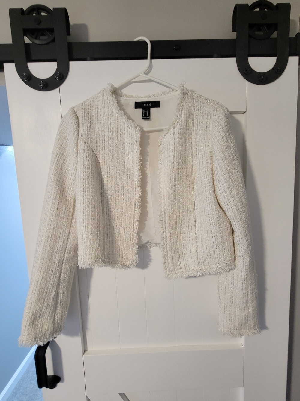 Forever 21 Ivory Tweed Fringe-Trim Cropped Blazer